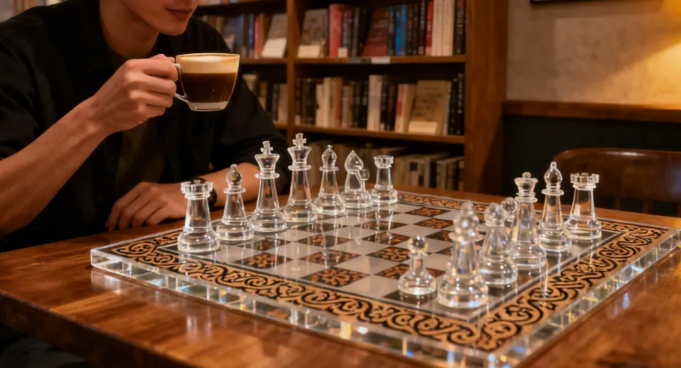 3Cafe Bookshop Theme Night.webp chess set acrylic